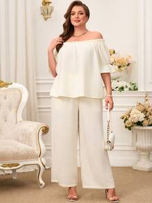 Miaspire Plus Size Elegant Commuter Solid Color Off Shoulder Shirt And Pants Two Pieces Set For Summer/ Vacation Lounge Sets For Women Lounge Sets Plus Size Summer Outfit For Women Beach Vacation Outfits Elegant Party Outfit White Plus Size Jumpsuit - White - View 4