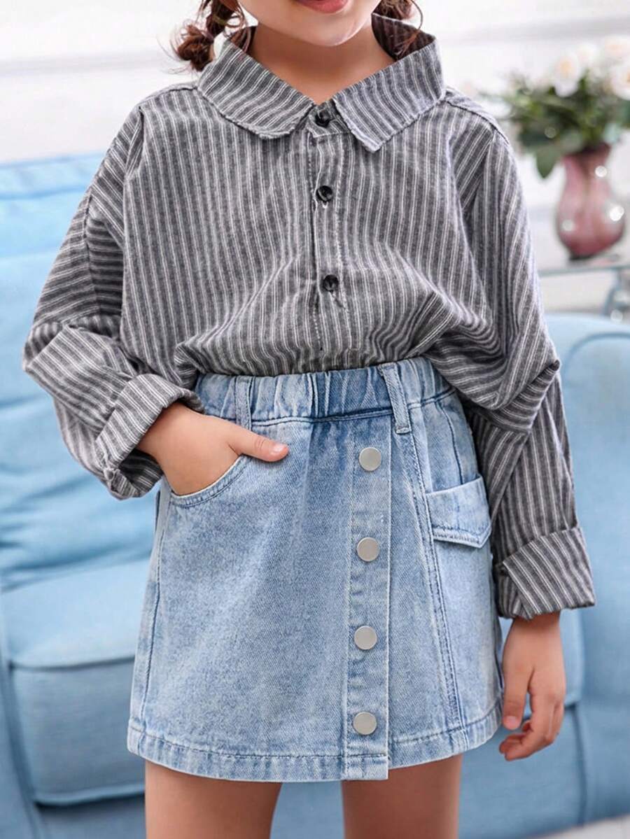 少女休闲牛仔裙，新款时尚简约百搭浅蓝色水洗牛仔迷你裙，女孩必备单品 - 藍色 - 查看 1