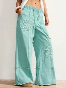 Bohemela Women's Casual Fashion Street Chic Daily Commute Drawstring Waist Raw Edge Floral Pattern Seam Front Loose Wide Leg Jeans Spring Outfit Women Valentines Day Beach Pants Spring Outfit Women   Beach Pants  Vacation Y2k Clothes - Army Green - View 1