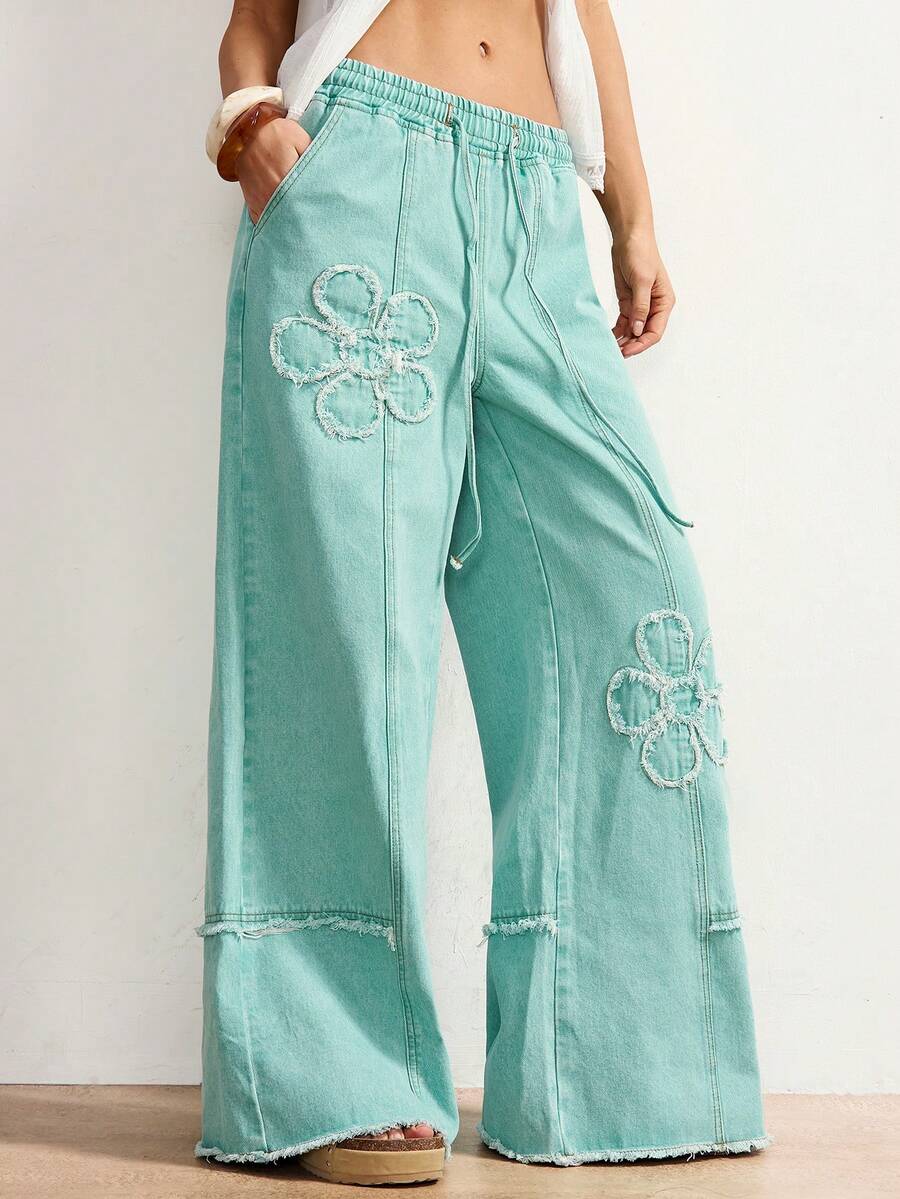 Bohemela Women's Casual Fashion Street Chic Daily Commute Drawstring Waist Raw Edge Floral Pattern Seam Front Loose Wide Leg Jeans Spring Outfit Women Valentines Day Beach Pants Spring Outfit Women   Beach Pants  Vacation Y2k Clothes - Army Green - View 1