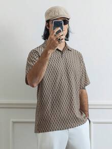 HUEFORM Men's All-Over Print Casual Versatile Summer Short Sleeve Polo Shirt Beige Graphic Polo Shirt - Khaki - View 5