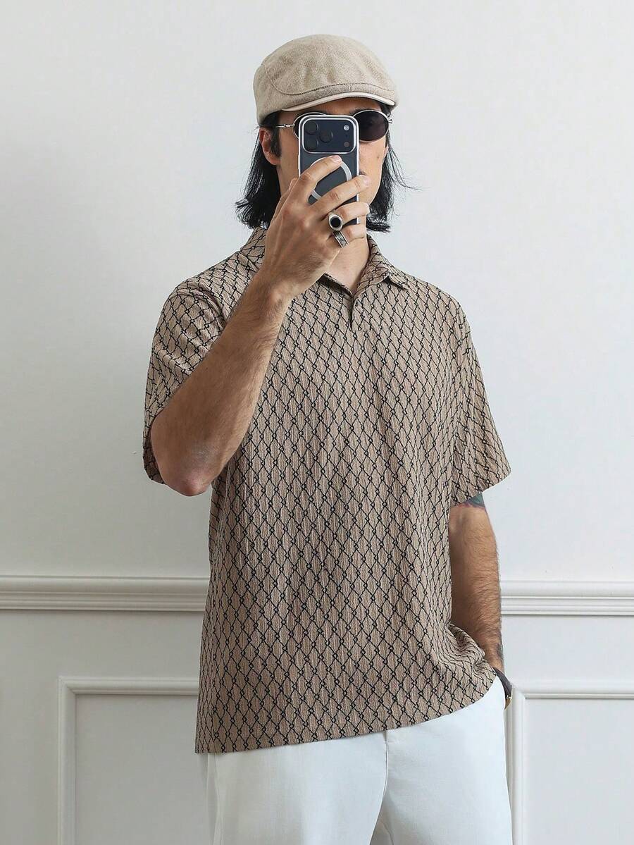 Manfinity Homme Men's All-Over Print Casual Versatile Summer Short Sleeve Polo Shirt Beige Graphic Polo Shirt - Khaki - View 1
