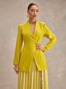 CLARA VERO Women's Stand Collar Split Hem Cinched Waist Long Sleeve Blazer - Yellow - View 10