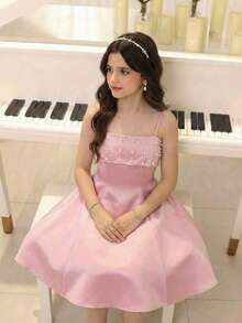 SHEIN Tween Girl Casual Everyday Sweet Pink Faux Pearl Embellished Dress, Suitable For Valentine's Day - Pink - View 1