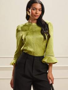 Lilora 女士优雅提花喇叭袖宽松圆领衬衫 - 綠色 - 查看 7