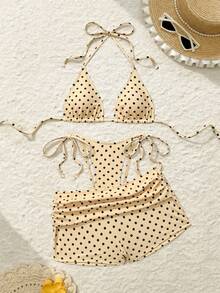 Bonvoyette 夏季新款海滩度假派对下午茶波点印花微三角侧系带褶皱三件套女士泳衣套装 - 彩色 - 查看 4