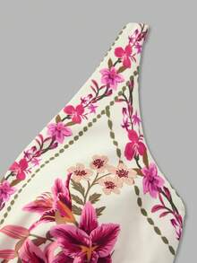 SHEIN Swim Oasis 女士优雅休闲波西米亚风中式蓝白热带棕榈树花卉印花连体泳衣及沙滩罩衫套装，适合海滩度假 - 彩色 - 查看 8