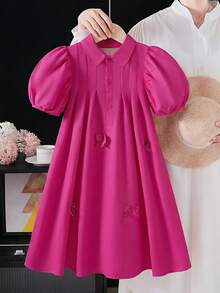 SHEIN 女童夏季休闲蝴蝶结装饰泡泡袖连衣裙 - 玫紅色 - 查看 2