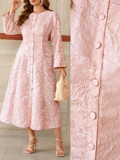 Roveilla Plus Size Women's Elegant Vintage Romantic Jacquard Weave A-Line Dress, Suitable For Wedding, Party, Spring/Summer Pink Brocade Dress Pink Dress With Buttons Jacquard Pink Dress Elegant Pink Dress For Women French Style Dress Pink Lace Dress Pink Brocade Jacquard Dress Pink Brunch Outfits For Women Pink Dress For Women Elegant Button-Front Dress Long Sleeve Midi Dress