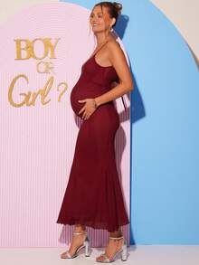 Loomaby Burgundy Summer Elegant Maternity Party Dress,Pregnant Fitted Sleeveless Solid Color Gender Reveal Baby Shower Pregnancy Photoshoot Cruise Dinner - Burgundy - View 5