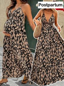 SHEIN Maternity Clothes Maternity Dress Leisure Vacation Summer Maternity Clothes Maternity Dress Leisure Vacation Summer Brown Backless Cross-Strap Slip Dress With All-Over Print, Perfect For Vacation Wear. Bohemian Style Maternity Dress, Maternity Maxi Dress, Backless Maternity Dress, Maternity Wear, Backless Maxi Dress. - Mocha Brown - View 1