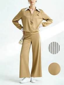 EMERY ROSE Women's Casual Striped Patchwork Top And Pants Set, Spring/Autumn - Khaki - View 1