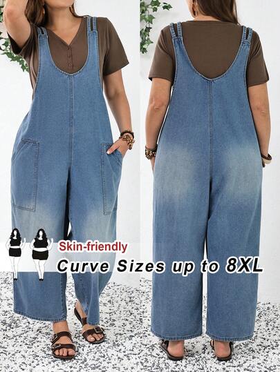 SHEIN CURVE+ Plus Size Women Casual Loose Fit Pockets Denim Jumpsuit Spring To Summer Valentine's Day Carnival Costume Commuting Vacation Graduation Chic Y2k Cute Streetwear Party Wedding Elegant Business Casual Woman Plus Size Washed Denim Overalls For Women Loose Fit Casual Wide Leg Jumpsuit With Adjustable Straps