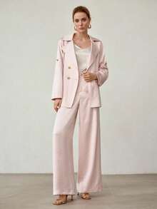 MOTF PREMIUM SATIN SOLID LAPEL COLLAR DOUBLE BREASTED PLACKET ROLL TAB SLEEVE BUCKLE BELTED COAT - Pink - View 3