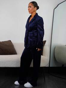 SAYEHFBABY Women's Elegant Velvet Pleated Metal Button Blazer Suit Set, Long Sleeve Top And Casual Trousers Holiday Party Clothes  - Navy Blue - View 5