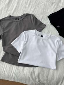 Tseoso 3 件套 95% 纯棉休闲修身女式圆领短袖 T 恤，黑色、白色、灰色，适合所有季节室内外穿着，复古、可爱的夏季上衣，柔软女孩，夏季外出单品，居家、返校、秋季女装，百搭 - 彩色 - 查看 7