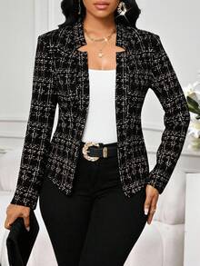 SHEIN Lady 女士优雅格纹印花开襟西装外套，秋冬款 - 黑色 - 查看 2