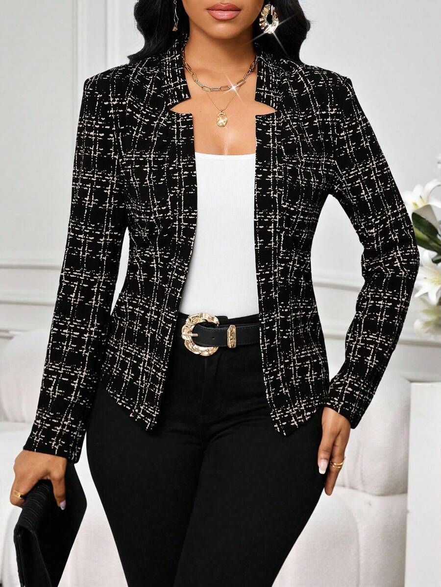 SHEIN Lady 女士优雅格纹印花开襟西装外套，秋冬款
