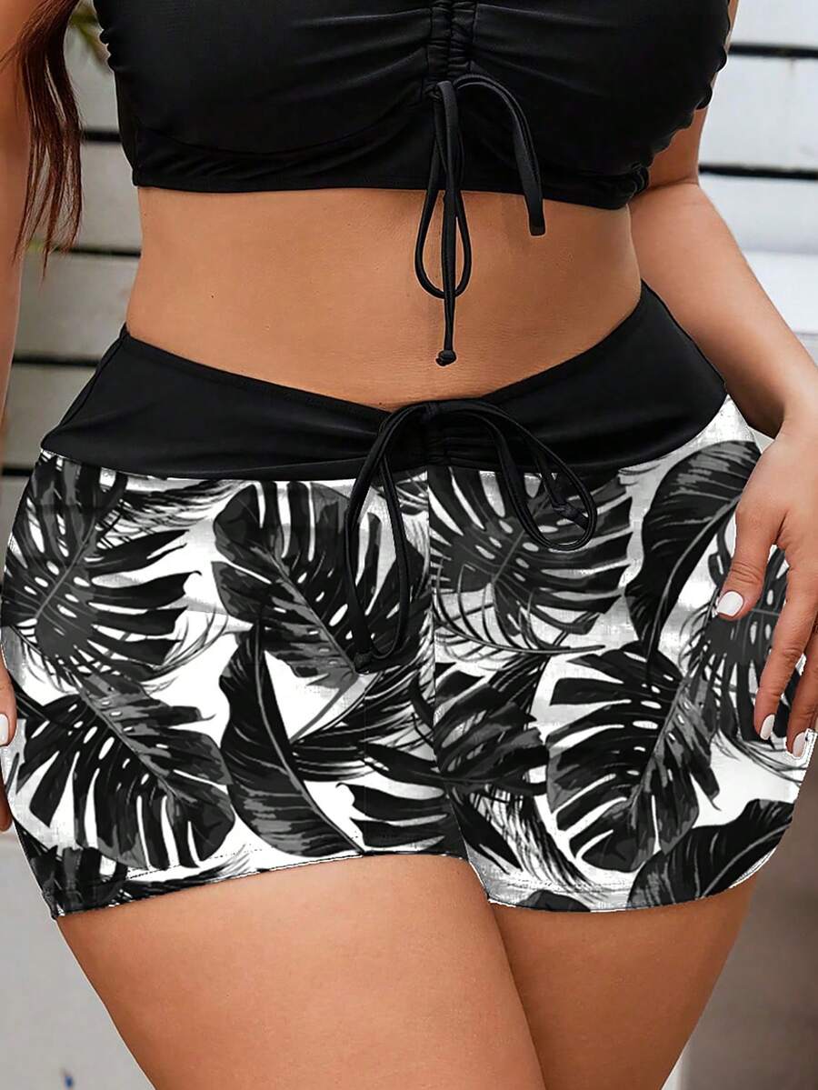 Swim Lushoire Plus Size Solid Color Patchwork Leaf Print High Waist Drawstring Swim Trunks, Minimalist Fashion Beach Vacation Swimwear Bottom - Multicolor - View 1