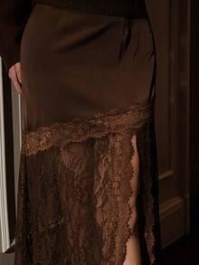 NOVVYNE 女士纯色高腰撞色蕾丝优雅半身裙 - 棕色 - 查看 5