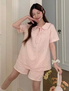 DAZY 女士可爱波点印花系领娃娃衫睡衣套装 - 粉色 - 查看 9