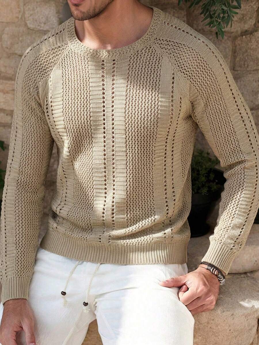 Manfinity Homme 男士休闲日常通勤简约纯色开襟针织衫，秋冬季适合度假，百搭针织长袖套头衫，米色钩针编织男士套头衫，夏季度假男士钩针上衣 - 杏色 - 查看 1