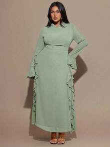 SHEIN BAE Gaun Maxi Wanita Ukuran Besar Warna Cokelat Lengan Panjang Bahan Chiffon dengan Ruffle dan Lengan Mengembang - Mint Green - View 5