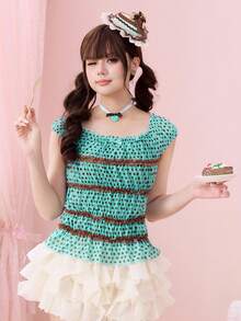 ROMWE Kawaii Cute Lace Trim Puff Sleeve Blouse For Women - Multicolor - View 7