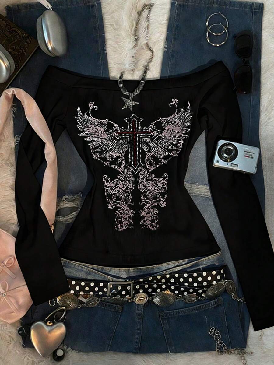 Glimmora Women's Minimalist Printed Long Sleeve Top - Black - View 1