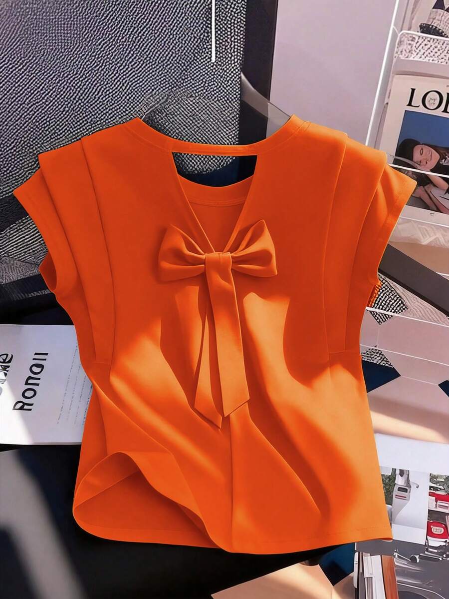 GlowEve Áo thun nữ cổ khoét lỗ họa tiết bướm, kiểu dáng thường ngày, thích hợp mặc đi làm, mùa hè. - Màu Cam cháy - Xem 1