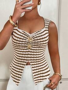 Vionelle 大码女式条纹心形领法式休闲优雅吊带衫 - 彩色 - 查看 7