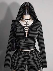 SHEIN ICON Áo thun dệt kim dài tay có mũ trùm đầu họa tiết sọc Punk cổ điển Y2K cỡ lớn - màu đen - Xem 4