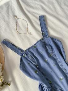 Elamini 女士花卉刺绣休闲牛仔吊带裙 - 藍色 - 查看 5