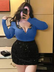 Vibekara Plus Size Sexy Lace Patchwork Deep V-Neck Long Sleeve 2 In 1 Cropped Top - Dusty Blue - View 5