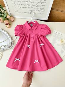 SHEIN LMoss Kids Cute Babygirl Summer Fuchsia Bow Collar Short Sleeve Dress - Hot Pink - View 3