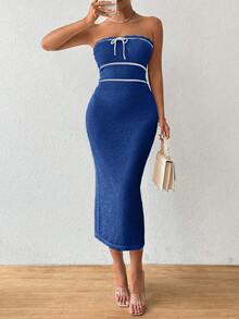 Pariaura 女士秋冬无肩带针织性感连衣裙，高品质度假风 - 寶藍色 - 查看 5