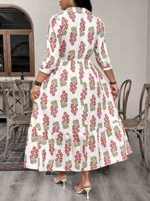EMERY ROSE Plus-Size Women's Romantic Floral Mid-Length Layered Pleated Casual  For Spring And Summer Shirt Dress - Apricot - View 2