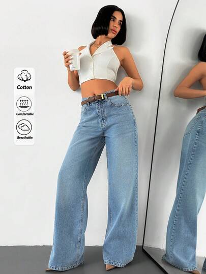 SHEIN 90's Blue High Waist Straight Leg Denim Jean Jeans Wide Leg Jeans Y2k Jeans Loose Jeans Wide Leg Jeans