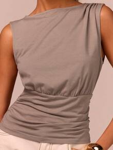 COSMINA 无袖荷叶边T恤，优雅通勤装，百搭日常T恤，休闲百搭T恤，灰棕色 - 灰色 - 查看 3