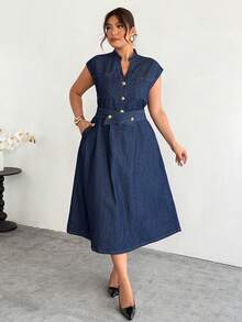Firerie 大码女式V领短袖纽扣设计休闲牛仔连衣裙，情人节，深色水洗牛仔连衣裙，A字长款连衣裙，马甲腰连衣裙，金属纽扣牛仔连衣裙，V领连衣裙，交叉腰带连衣裙，轻薄牛仔面料，度假牛仔连衣裙，旅行装连衣裙，办公室休闲连衣裙，商务休闲连衣裙，波西米亚风牛仔连衣裙，度假风连衣裙，海岛度假装，春夏度假牛仔装，复古连衣裙，法式复古连衣裙，春假装，夏季度假装，假日旅行装，夏季，狂欢节，海滩，派对，优雅派对连衣裙，外出 - 藍色 - 查看 4