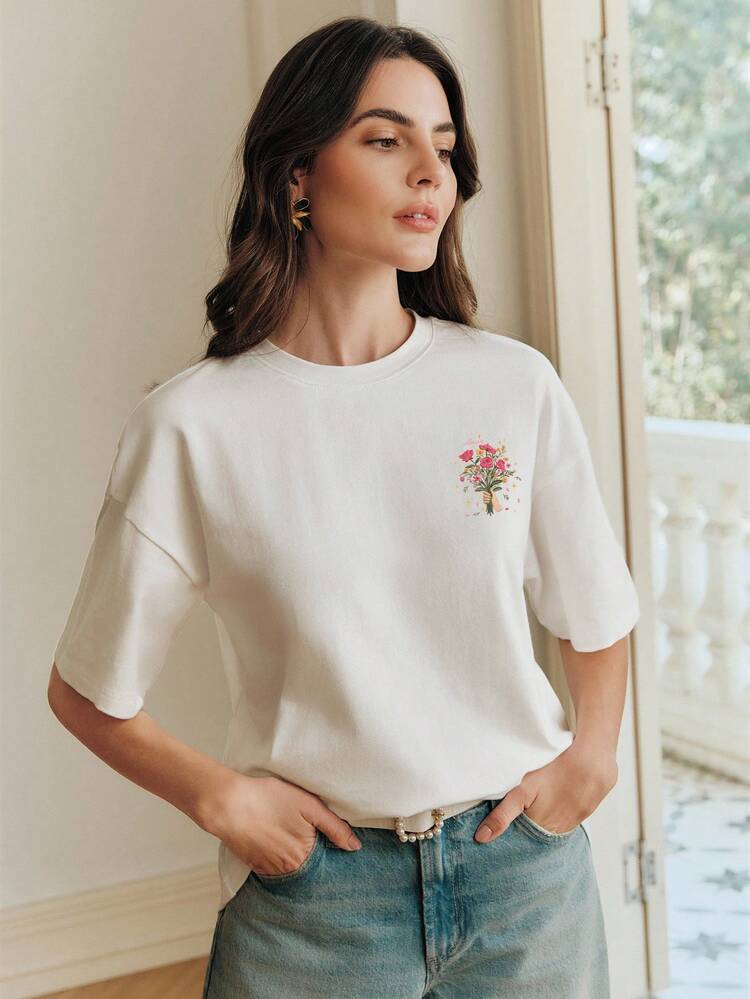 Anewsta Women's Elegant Floral Print Valentine's Day Pattern Round Neck White Casual Short Sleeve T-Shirt