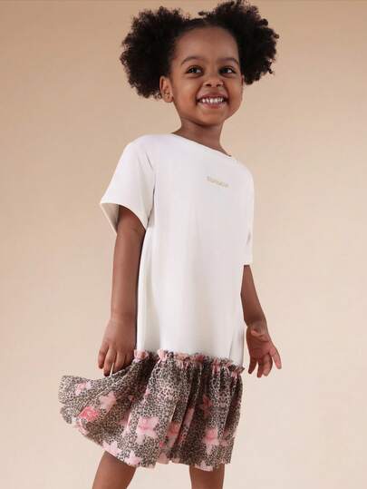 SUMWON Girls Leopard Print Floral Mesh Hem Short Sleeve Crew Neck A-Line Mini Dress With Gold Logo Detail Festive Occasionwear