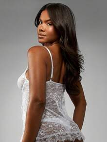 MISSGUIDED Women Lace Babydoll Lingerie Set With Matching Thong Intimate Sleepwear Delicate Floral Pattern Bridal Nightwear Two Piece Bedroom Ensemble - White - View 2