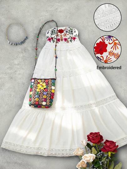 EMERY ROSE 女士休闲度假旅行无肩带无袖彩色刺绣腰部蕾丝拼接A字连衣裙，适合户外、海滩穿着