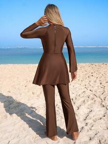 Swim Mulvari Women's Solid Color Metal Decor Long Sleeve Flare Sleeve Zipper Burkini, Suitable For Beach Vacation - Brown - View 2