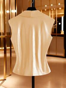 Lyxana Women's Solid Color Draped Ruffle Elegant Fashion Sleeveless T-Shirt - Gold - View 2