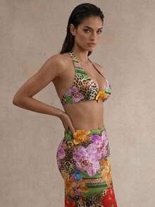 Swim Glamine Women's Summer Vacation Beach Floral Print Halter Bikini Set - Multicolor - View 3