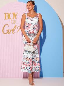 Loomaby Maternity Floral Print Sweetheart Neck Fitted Elegant Sleeveless Dress Dress Gender Reveal Dress Maternity Dress Baby Shower Dress Floral Maternity Dress Maternity Maxi Dress Pregnancy Dresses Maternity Sundress Long Floral Dress Women - Multicolor - View 10