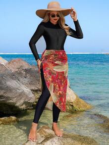 Swim Mulvari 3pcs Women's Black Zipper Long Sleeve Bikini Top, Pants + Random Floral Print Pleated Skirt Swimsuit, Summer Beach - Multicolor - View 3