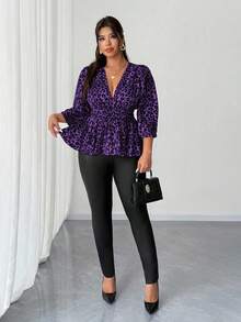 Elenzga Plus Size Casual Leopard Print V-Neck Short Sleeve Ruffle Hem Blouse - Purple - View 2